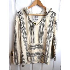 U.S. Vintage Baja Hoodie M Cream Black Striped Surf Boho Pullover Throwback Y2K